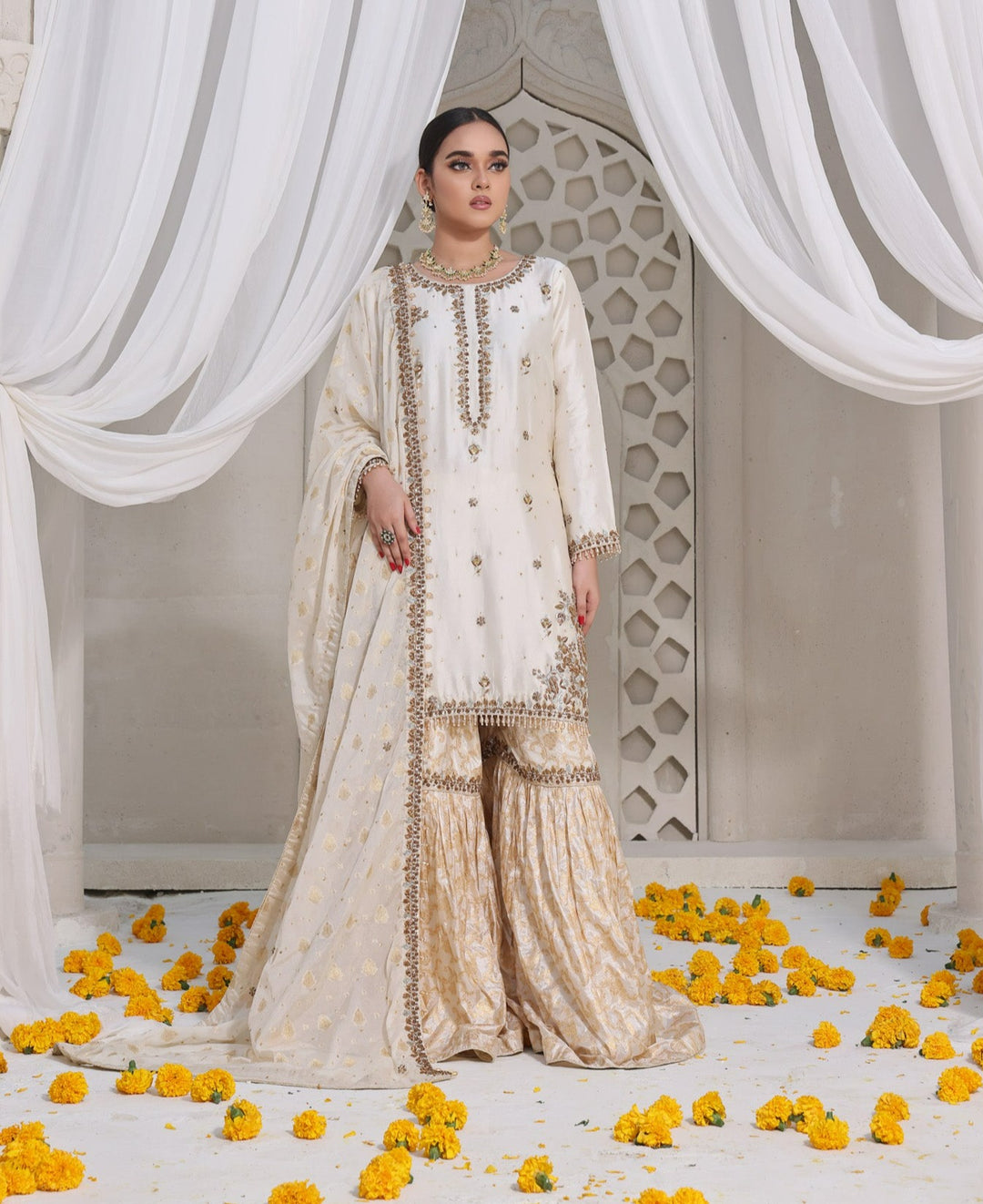 Zahirah- Hand Embroidered White & Gold Nikkah Dresses Karigur Zahirah- Hand Embroidered White & Gold Nikkah Dresses Karigur