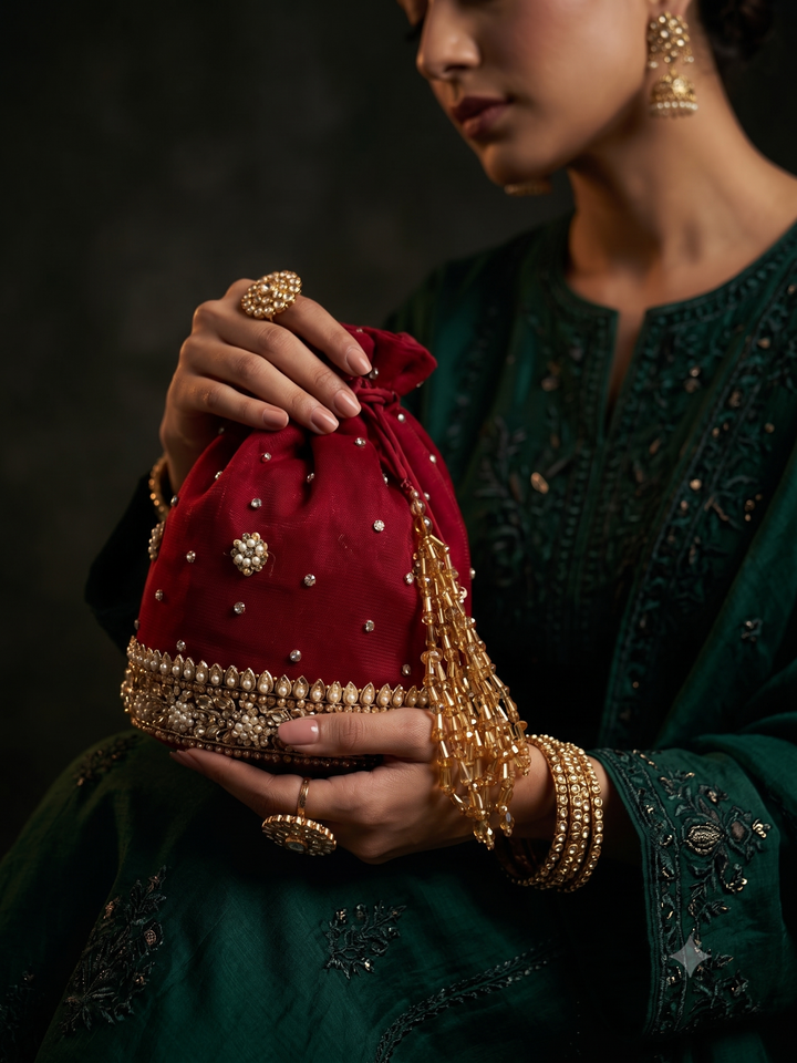 Ruby Pearl Tassel Potli