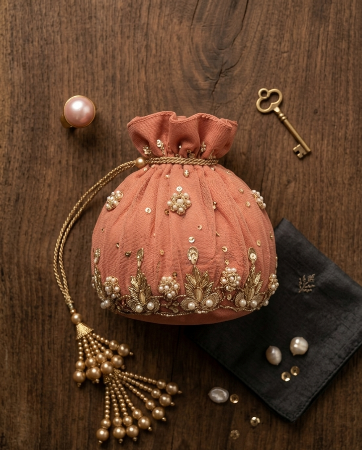 Coral Pearl Bloom Potli
