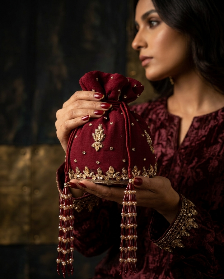 Burgundy Pearl Tassel Potli