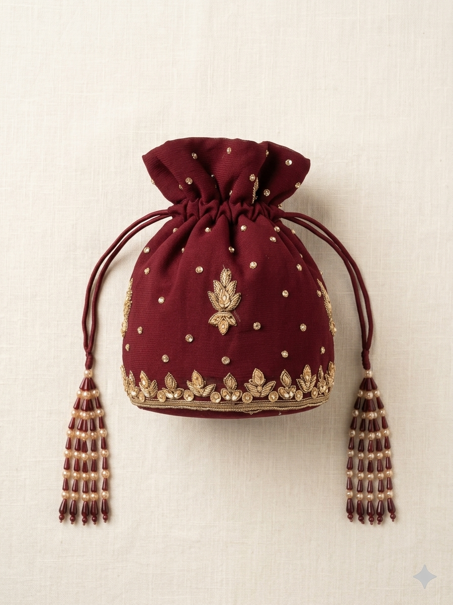 Burgundy Pearl Tassel Potli